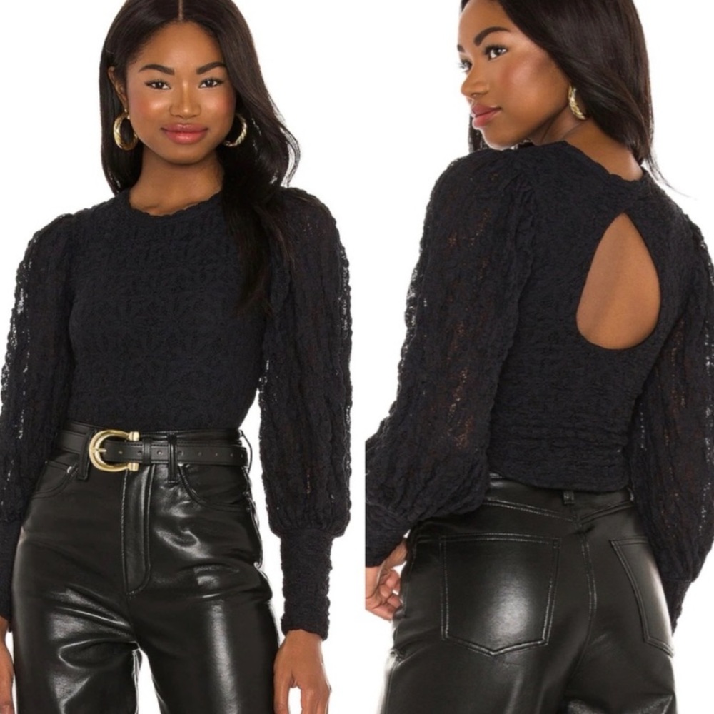 ❌SOLD❌NWT Free People Tea Time Lace Puff Sleeve Black Long Poet Sleeve Top $98